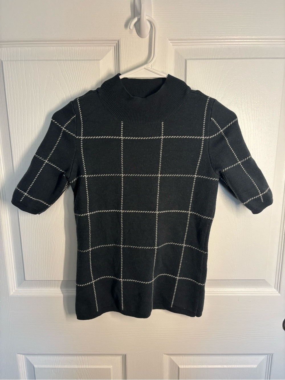⭐️ SALE - Ann Taylor Petite XXSP Gray Blue Windowpane Mock Neck Sweater Knit Top